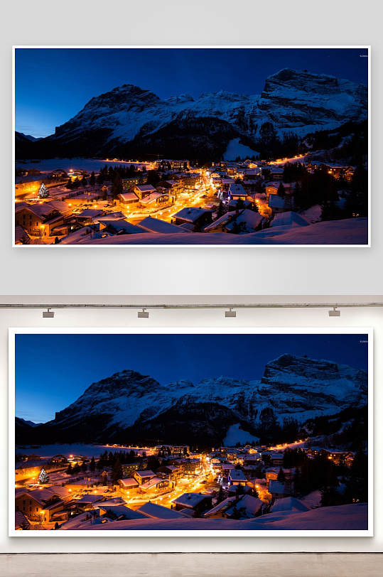 雪夜山村灯火璀璨-众图网