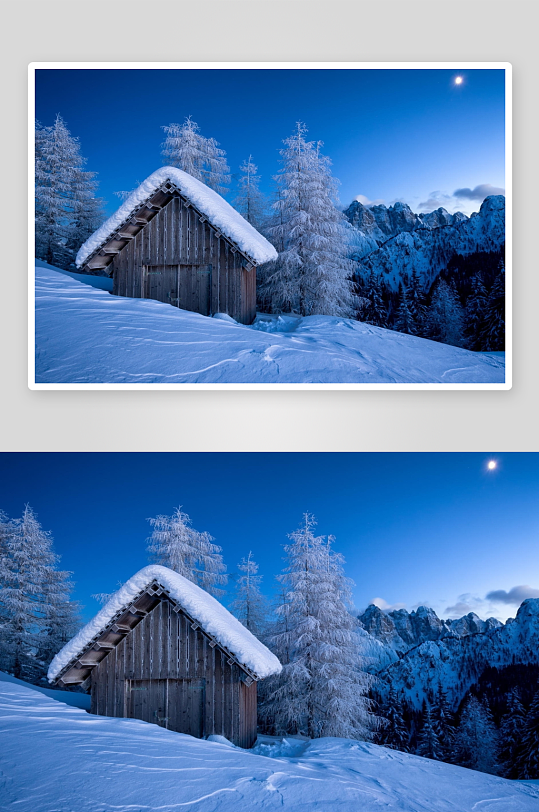 雪夜山林木屋静谧景象-众图网