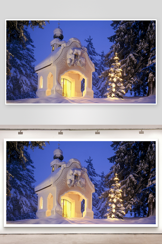 雪夜教堂与圣诞树-众图网