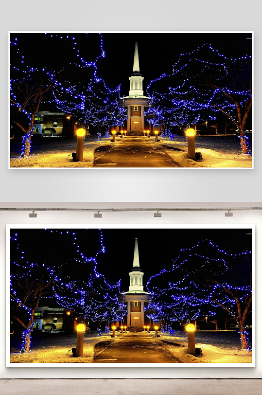 雪夜教堂灯光璀璨-众图网