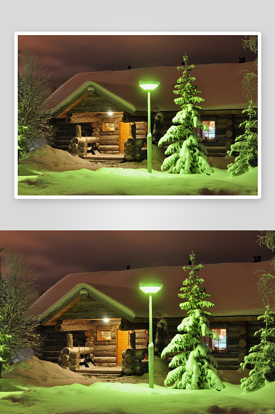 雪夜木屋灯光映照温馨场景-众图网