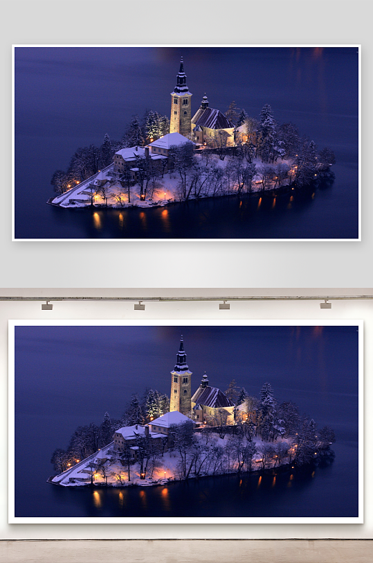 雪夜湖中小岛教堂-众图网