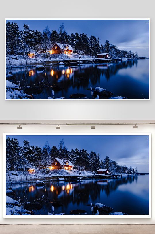 雪夜湖畔红屋静谧景象-众图网