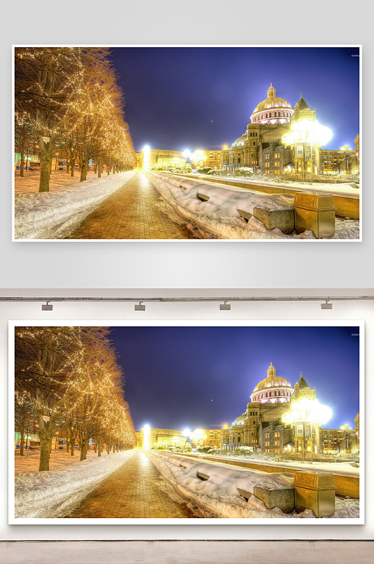 雪夜灯光下的古典建筑与林荫道-众图网