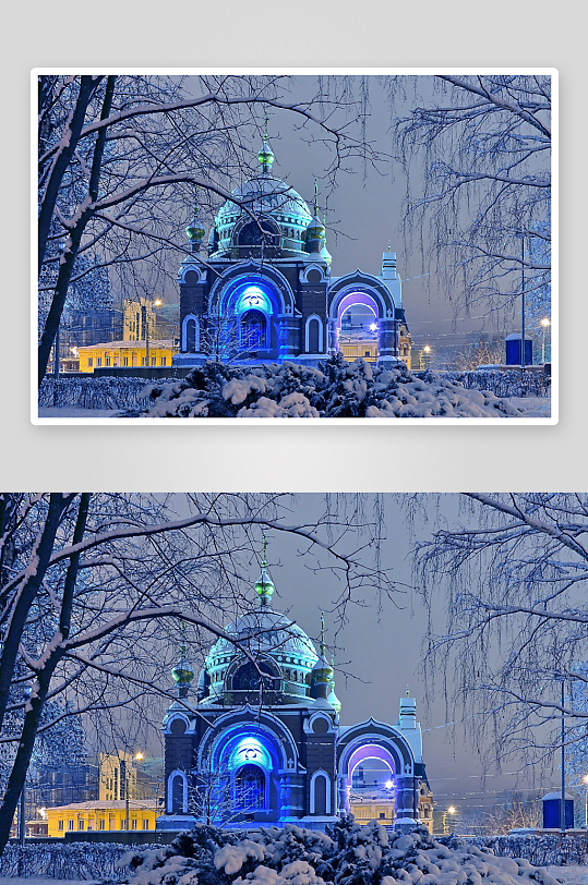 雪夜灯光下的异域建筑-众图网