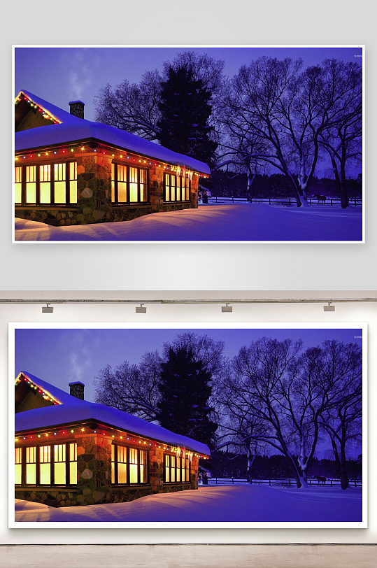 雪夜灯光照耀的石砌小屋-众图网
