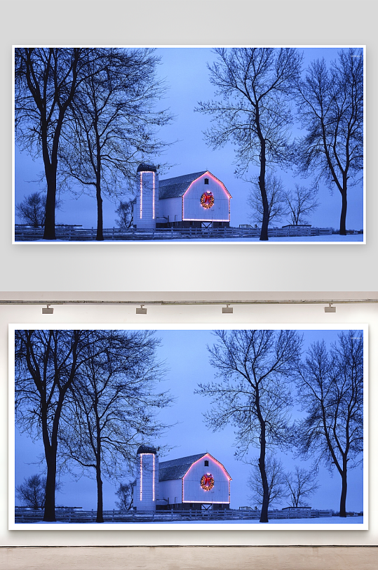 雪夜灯光装饰的农舍-众图网