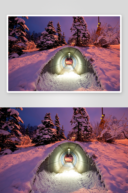 雪夜隧道灯光映衬冬日美景-众图网