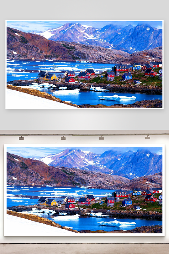 雪山冰河旁的彩色房屋村庄-众图网