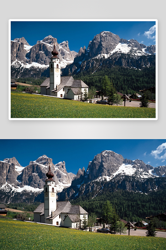 雪山教堂风光照片摄影-众图网