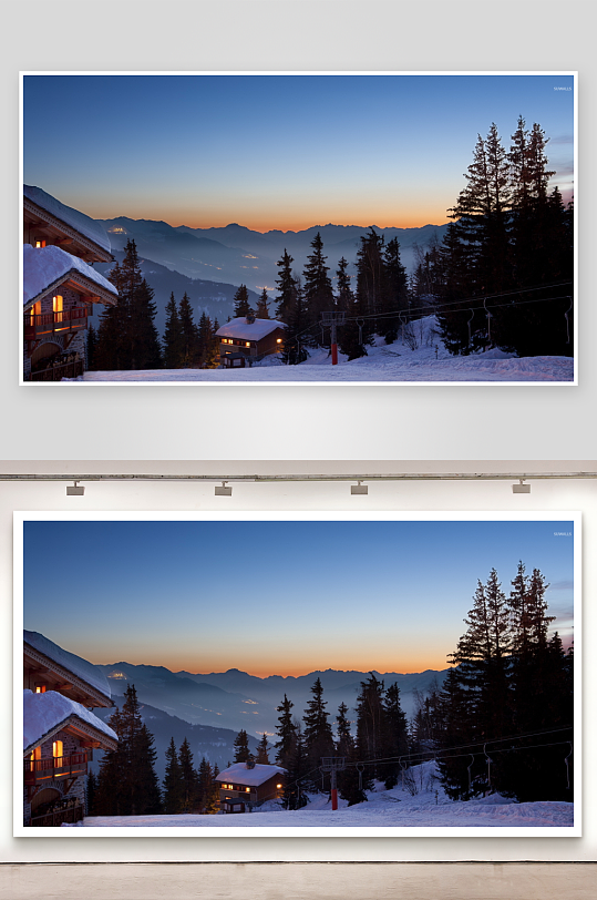 雪山日出时的木屋与松林-众图网