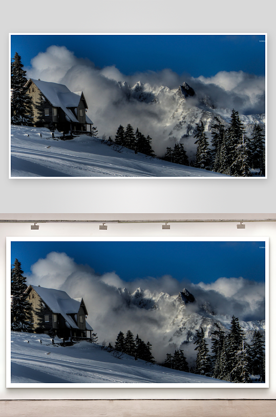 雪山木屋云雾缭绕冬日景象-众图网