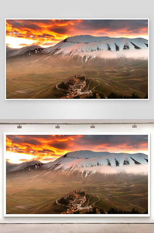 雪山村庄日落美景-众图网