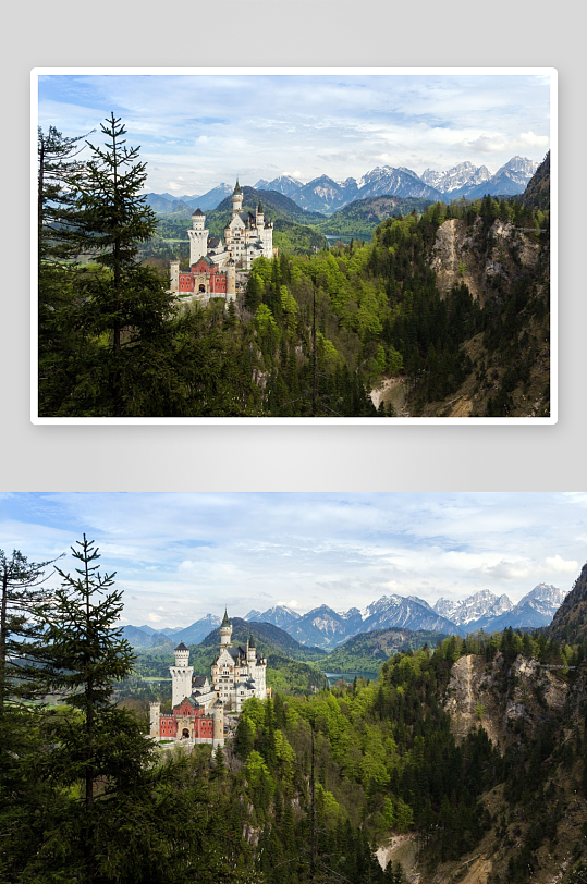 雪山森林中的宏伟城堡景观-众图网