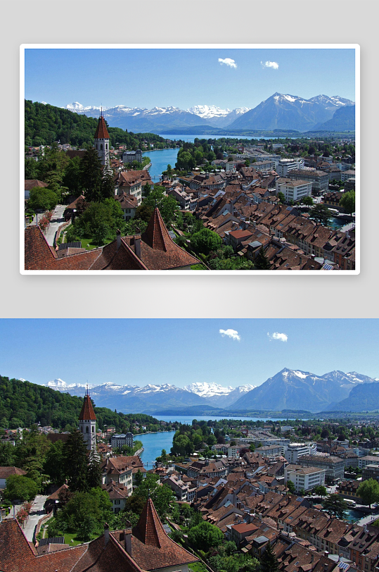雪山湖泊旁的红顶小镇全景-众图网