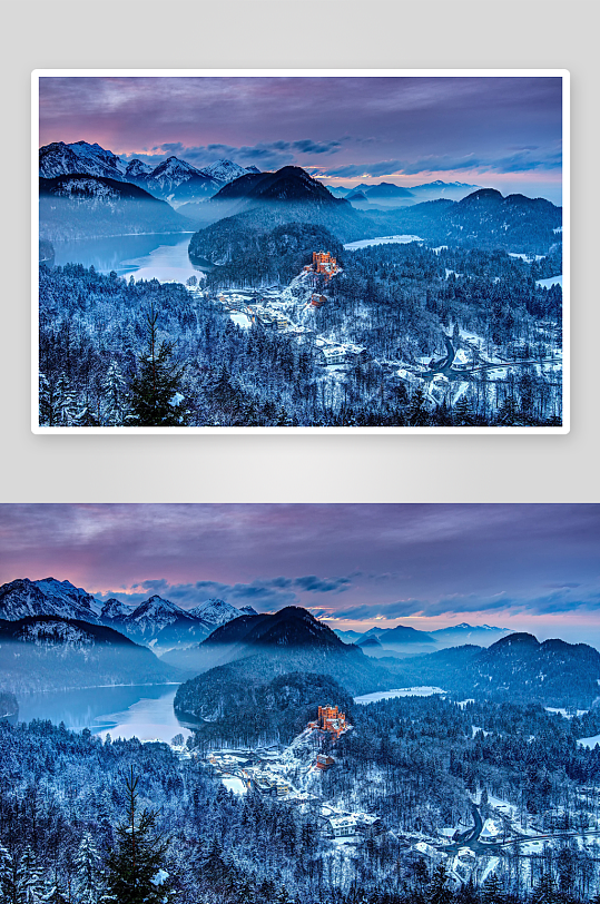 雪山湖畔城堡冬景-众图网