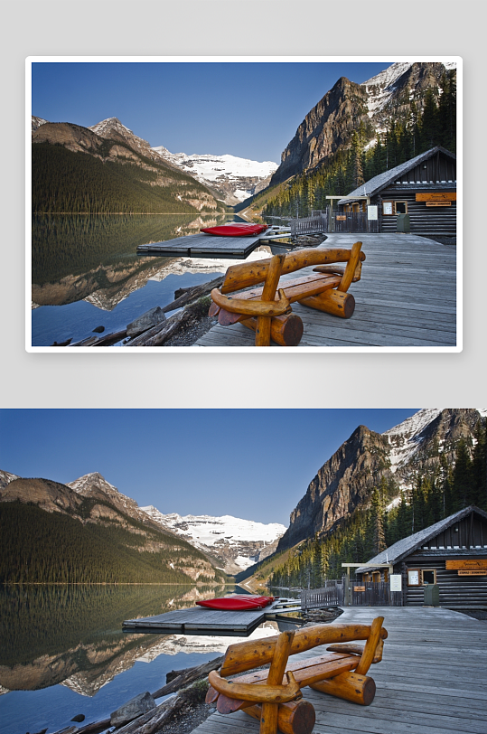 雪山湖畔木屋与长椅风景-众图网
