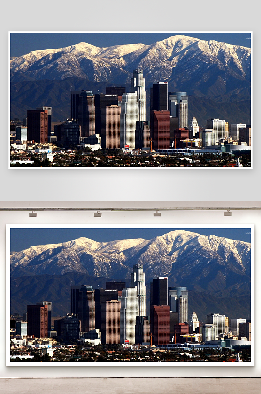 雪山环抱的城市天际线-众图网