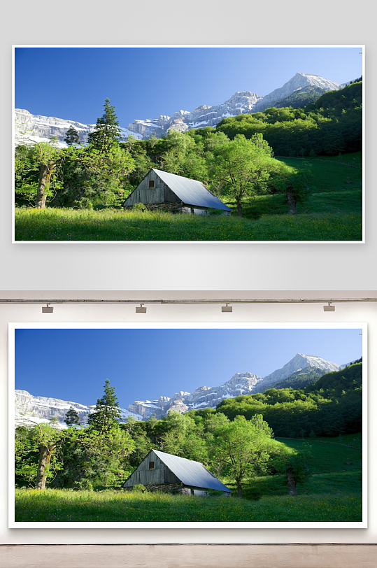 雪山绿林中的木屋静景-众图网