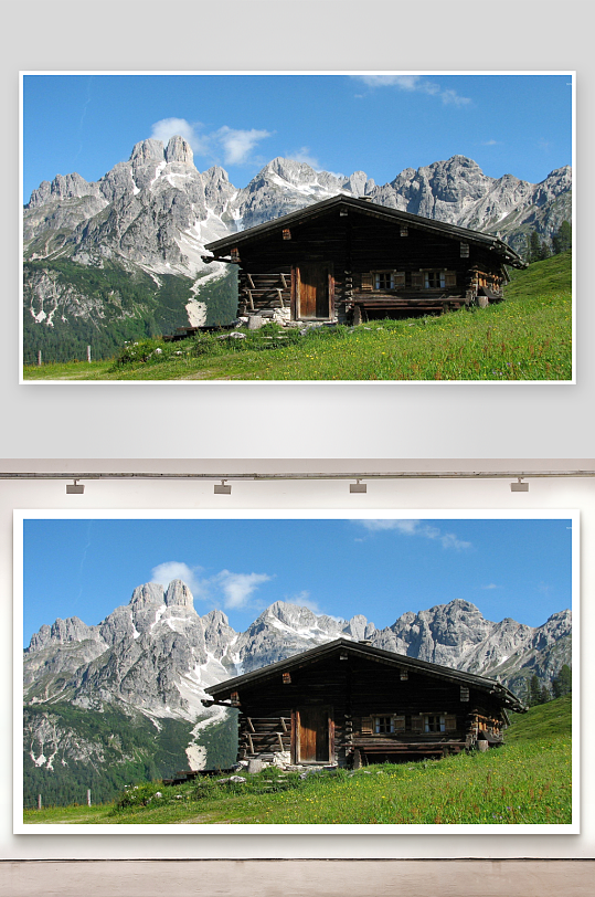 雪山草坡木屋风景-众图网