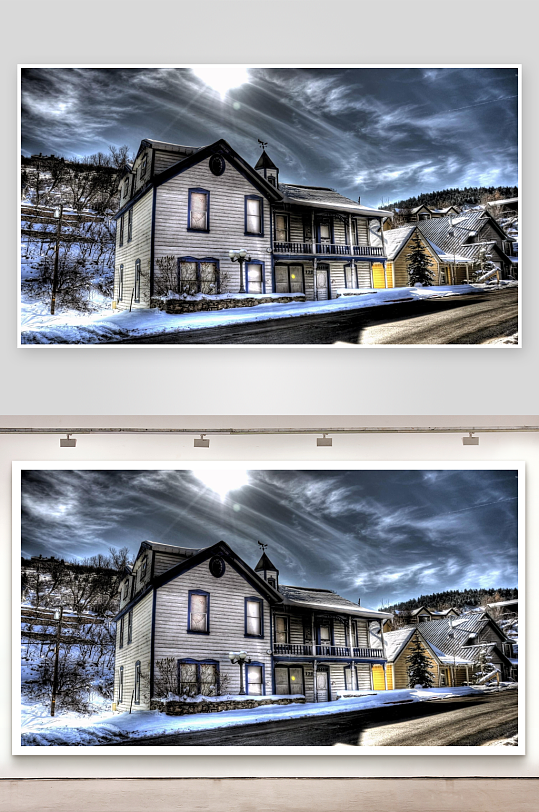 雪景中的欧式木屋建筑-众图网