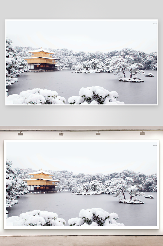 雪景中的金色建筑与湖畔-众图网