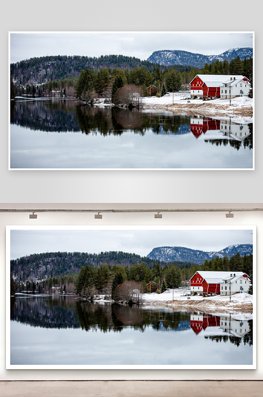 雪景湖畔红白房屋倒影-众图网