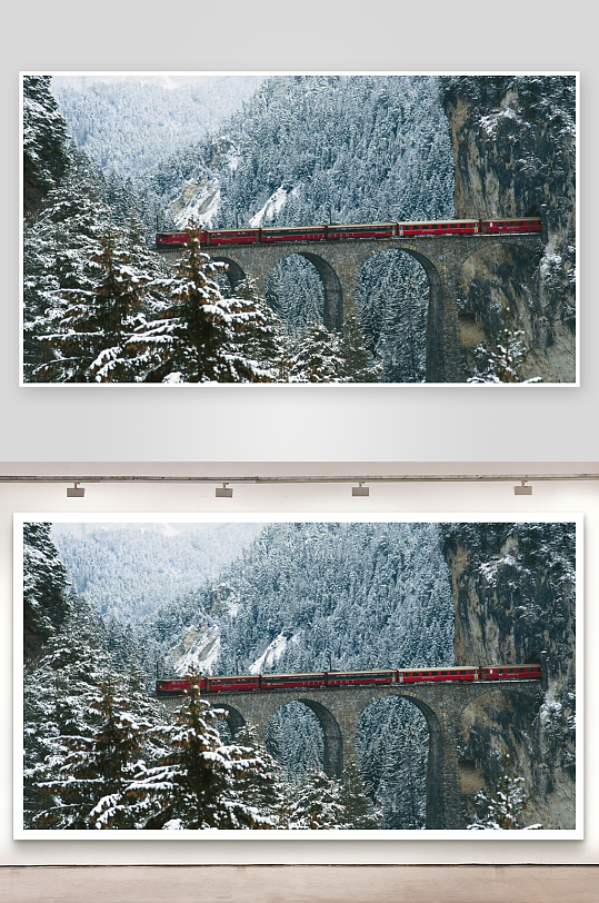 雪景火车穿行于拱桥之上-众图网