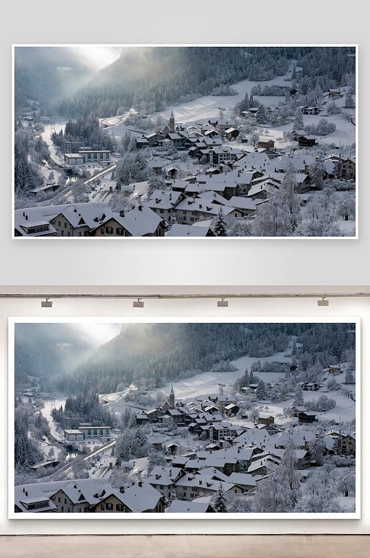 雪覆山间小镇全景-众图网