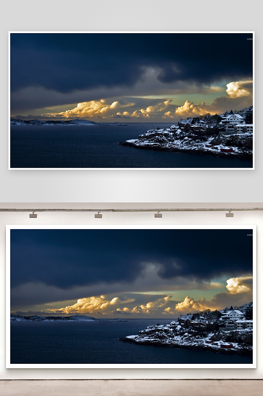 雪覆海岸云涌日落-众图网