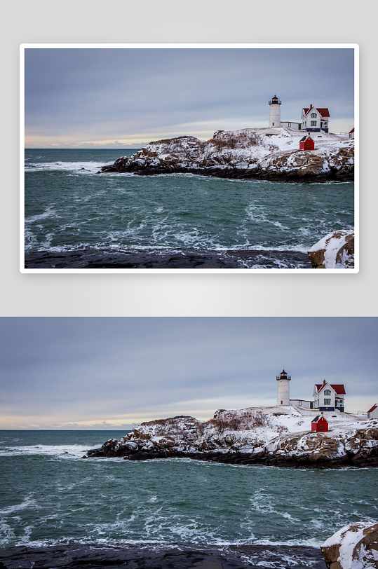 雪覆海岸灯塔与海浪-众图网