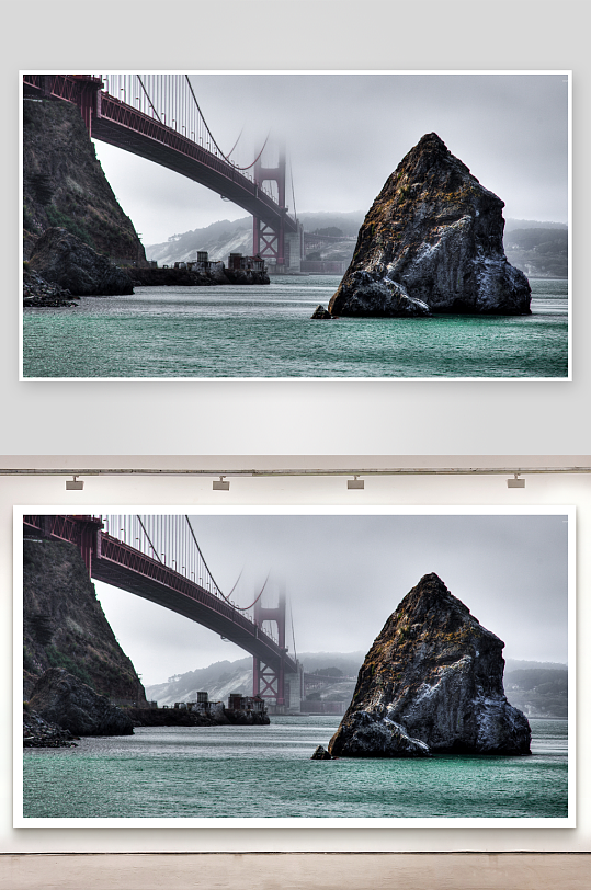 雾中大桥与巨石景观-众图网