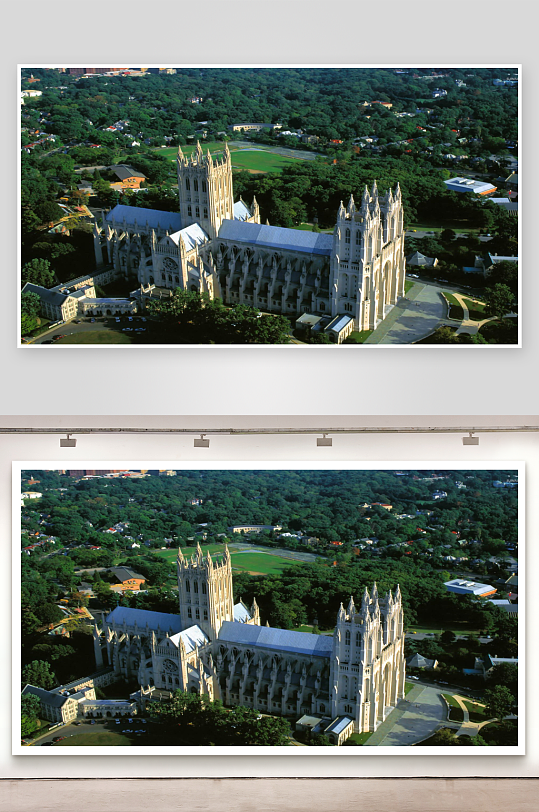高空俯瞰宏伟教堂与绿树环绕-众图网