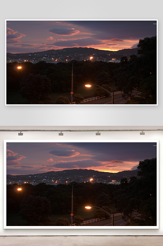 黄昏城市山景路灯-众图网