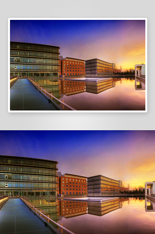 黄昏时分现代建筑与水面倒影-众图网