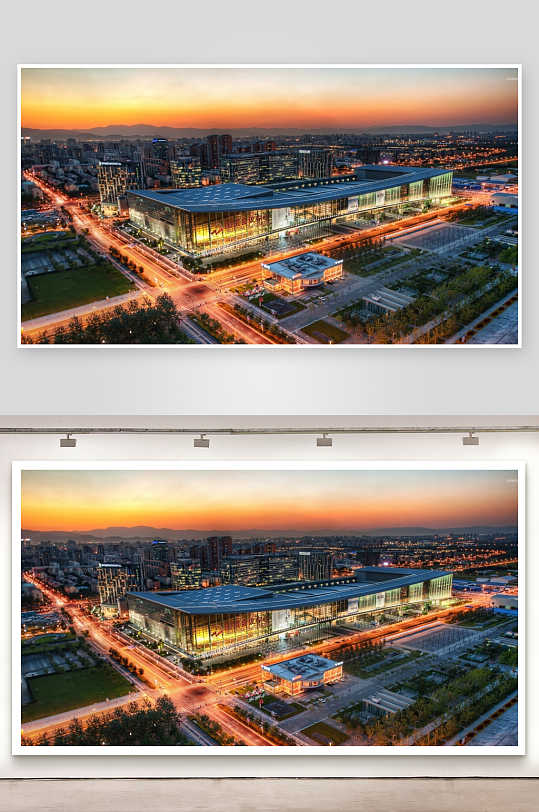 黄昏时分的城市会展中心航拍-众图网