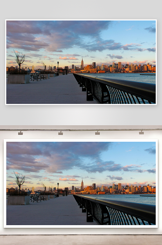 黄昏时分的城市天际线与海滨步道-众图网