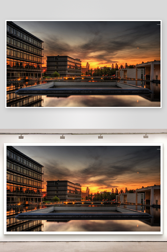 黄昏时分的城市建筑与水面倒影-众图网