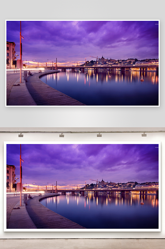 黄昏时分的城市河畔风光-众图网