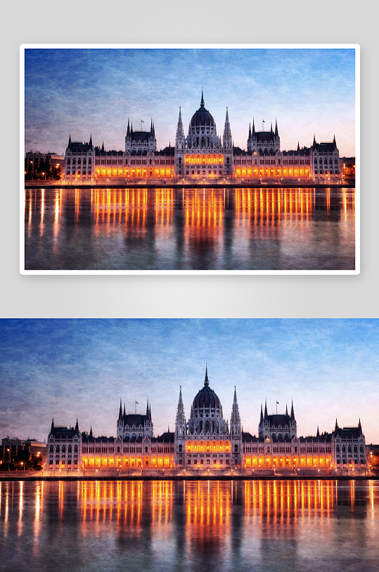 黄昏时分的宏伟建筑与水面倒影-众图网