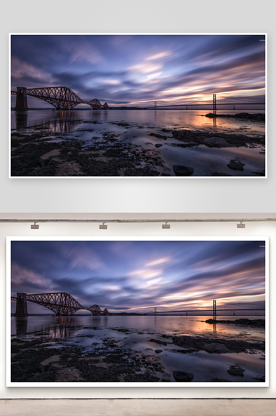 黄昏时分的桥梁与水面倒影-众图网