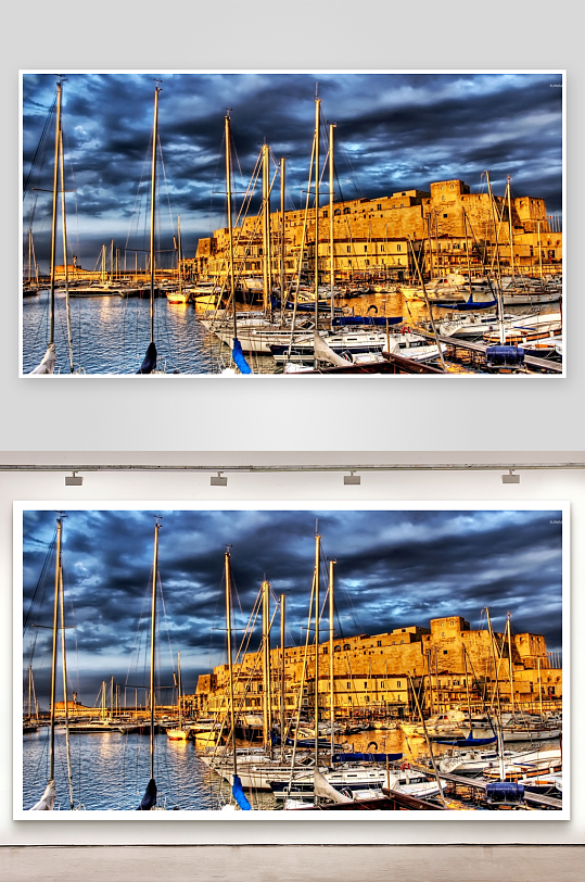 黄昏时分的港口建筑与帆船-众图网