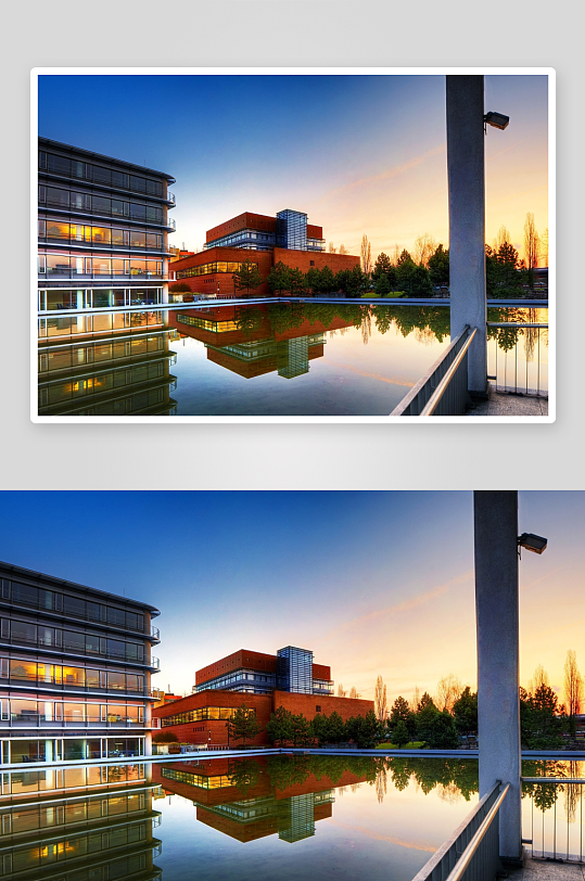 黄昏时分的现代建筑与水面倒影-众图网
