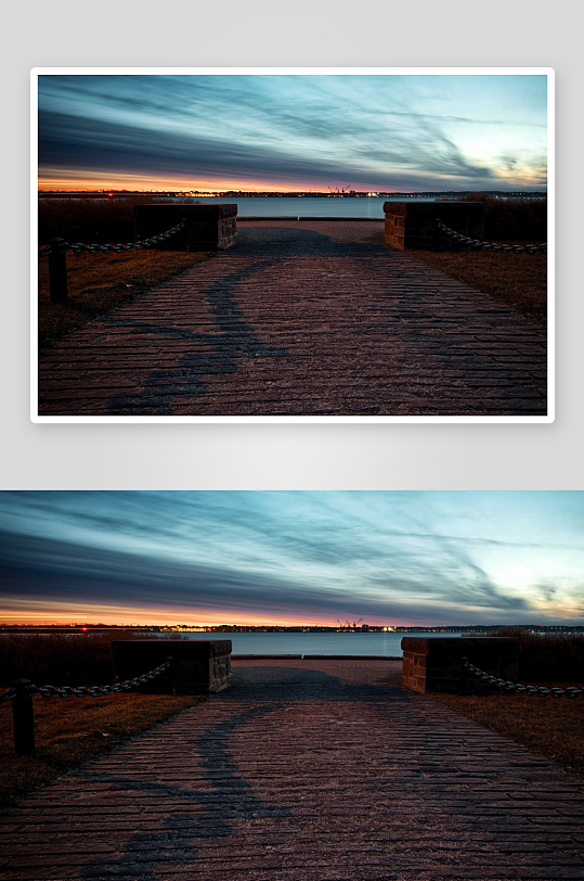 黄昏时分的石板路与远方景色-众图网