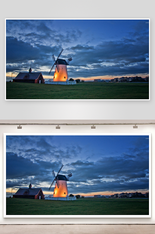 黄昏时分的风车与建筑-众图网