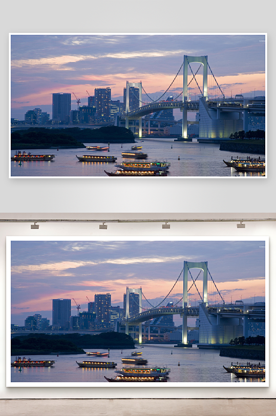 黄昏时分跨海大桥与游船-众图网