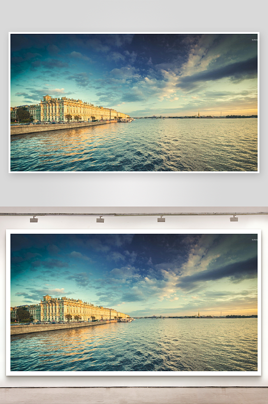 黄昏河畔古典建筑风光-众图网