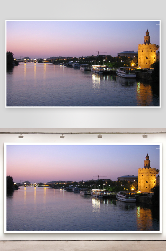 黄昏河畔古塔与游船-众图网