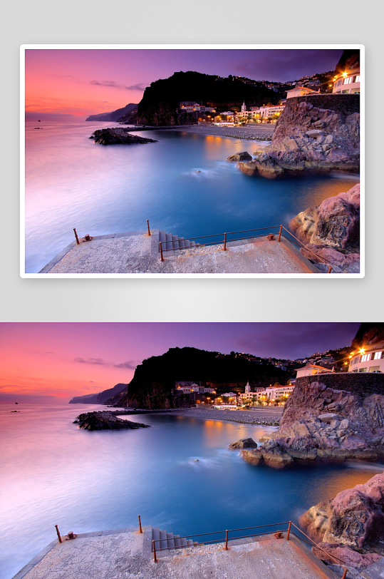 黄昏海滨小镇夜景-众图网