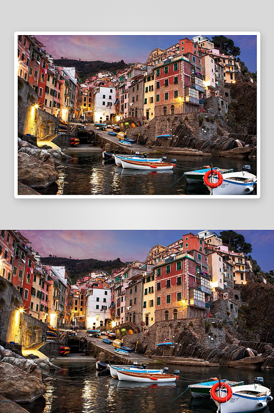 黄昏海滨彩色建筑与渔船-众图网